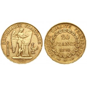 France 20 Francs 1898 A Averse: Standing Genius writing the Constitution; rooster at right. fasces at left. Reverse...