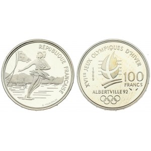 France 100 Francs 1989 1992 Olympics. Averse: Ice Skating Couple. Reverse: Cross on flame; date and denomination...