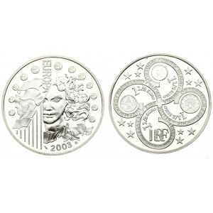 France 1-1/2 Euro 2003 Averse: Curved cross design with multiple values. Reverse: Goddess Europa and flags...