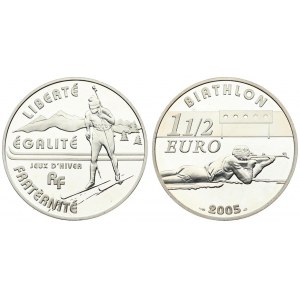 France 1-1/2 Euro 2005 Biathlon. Averse Lettering: BIATHLON 1 1/2 EURO 2005. Reverse: Skier at right facing 3/4 left...
