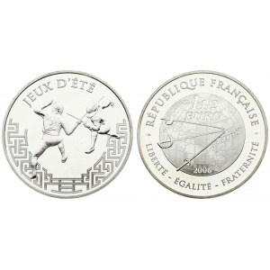 France 1-1/2 Euro 2006 Bejing Olympics. Averse: Three fencing foils on globe map pointing at Bejing. Reverse...