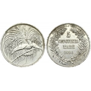 Germany New Guinea 5 Mark 1894A German Colony. Wilhelm II(1888-1918). Averse: Denomination and date in palm wreath...