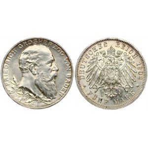 Germany BADEN 5 Mark 1902 50th Year of Reign. Friedrich I(1856-1907). Averse: Head right. Reverse...