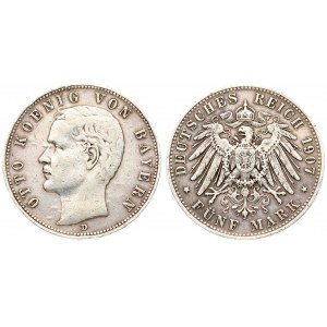 Germany Bavaria 5 Mark 1907 D. Otto (1886-1913). Averse: Head left. Averse Legend: OTTO KOENIG VON BAYERN. Reverse...