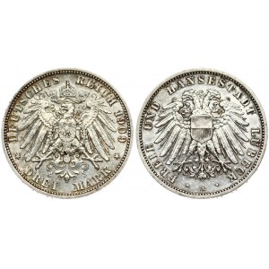 Germany  Lubeck 3 Mark 1909 A Averse: Double imperial eagle with divided shield on breast. Reverse...