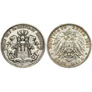 Germany Hamburg 3 Mark 1911 J Averse: Three tower castle on helmeted shield with supporters. Reverse...
