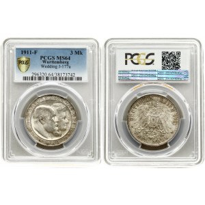 Germany Wurttemberg 3 Mark 1911 F Silver Wedding Anniversary. William II(1891-1918 ). Averse...