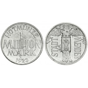 Germany Notgeld Menden 1 Million Mark 1923. Averse: Oak tree with Coat of Arms dividing city name. Reverse...