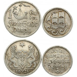 Germany Danzig 1/2 Gulden & 1 Gulden 1923. Averse: Ship and star divide denomination. Reverse...