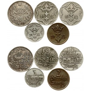 Germany Danzig 2-10 Pfennig & 1 Gulden 1923 Averse: Ship and star divide denomination; Denomination. Reverse...