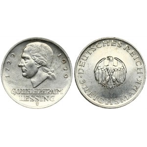 Germany Weimar Republic 3 Reichsmark 1929J 200th Anniversary - Birth of Gotthold Lessing. Averse: Small eagle...