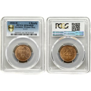 Germany Weimar Republic 4 Reichspfennig 1932 D. Averse: Eagle above the mintmark. Reverse...