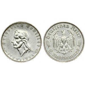 Germany Third Reich 2 Reichsmark 1934F 175th Anniversary - Birth of Schiller. Averse: Eagle; oak leaves flank...