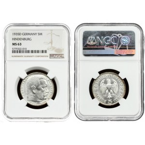 Germany Third Reich 5 Reichsmark 1935D Hindenburg issue. Averse: Eagle divides date; denomination below. Reverse...