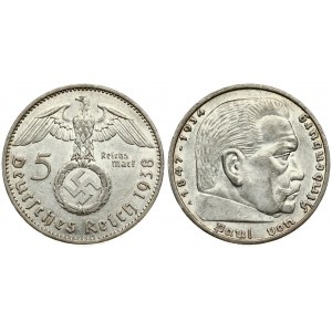 Germany Third Reich 5 Reichsmark 1938A Swastika-Hindenburg Issue. Averse: Eagle above swastika within wreath. Reverse...