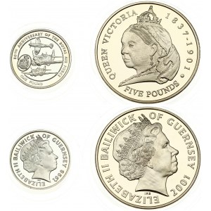 Guernsey 1 & 5 Pounds (1998 & 2001) 80th Anniversary - Royal Air Force & Queen Victoria Centennial. Elizabeth II(1952-)...