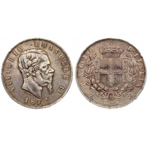 Italy 5 Lire 1872M BN Vittorio Emanuele II(1861-1878). Averse: Head right. Reverse: Crowned shield within wreath...
