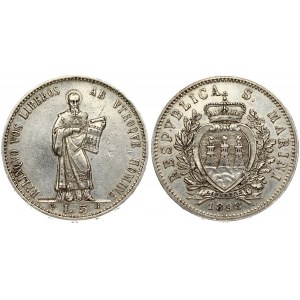 Italy San Marino 5 Lire 1898R Averse: Crowned arms within wreath; date below. Averse Legend: RESPVBLICA S. MARINI...