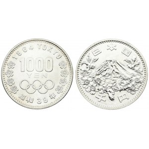 Japan 1000 Yen  Yr 39 (1964) Hirohito(1926-1989). Averse: Mt. Fuji within sprigs of cherry blossoms. Reverse...