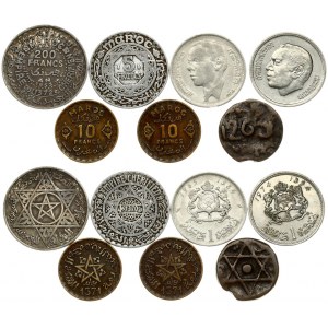 Morocco 1 Falus & 5-200 Francs & 1 Dirham (1852-1974). Coins from circulation. Lot of 7 Coins
