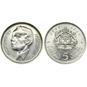 Morocco 5 Dirhams 1384-1965(a) al-Hassan II(1961 - 1999). Averse: Head left. Reverse: Crowned arms with supporters...