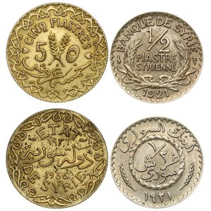 Syria 1/2 Piastre 1921 & 5 Piastres 1936. Averse: Value within roped wreath flanked by oat sprigs. Reverse...