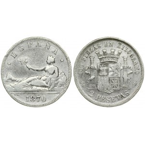 Spain 2 Pesetas 1870 (70) DE-M. Averse: Seated Liberty; date below. Reverse: Crowned arms; pillars; value below. Silver...