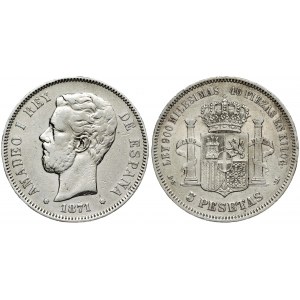 Spain 5 Pesetas 1871 (75) DE-M. Amadeao I(1870-1873). Averse: Head left. Averse Legend: AMADEO I REY... Reverse...
