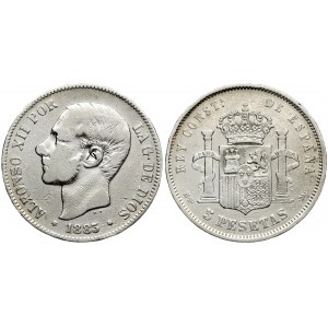 Spain 5 Pesetas 1883 (83) MS-M. Alfonso XII(1874-1885). Averse: Head left. Averse Legend: ALFONSO XII POR... Reverse...