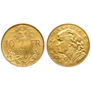 Switzerland 10 Francs 1916 B Averse: Young bust left. Reverse: Radiant cross above date and sprigs. Gold...