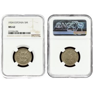 Estonia 5 Marka 1924 Averse: Three leopards left divide date. Reverse: Denomination. Edge Description: Milled. Nickel...