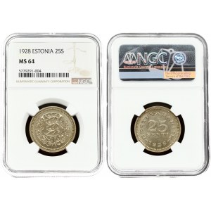 Estonia 25 Senti 1928 Averse: National arms wreath surrounds. Reverse: Denomination above date. Nickel-Bronze. KM 9...