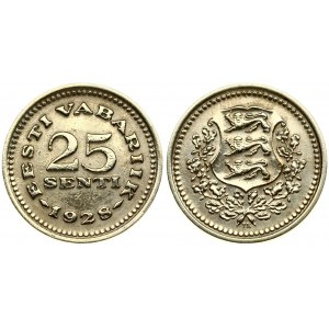 Estonia 25 Senti 1928 Averse: National arms wreath surrounds. Reverse: Denomination above date. Nickel-Bronze...
