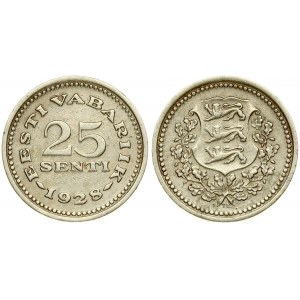 Estonia 25 Senti 1928 Averse: National arms wreath surrounds. Reverse: Denomination above date. Nickel-Bronze...