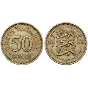 Estonia 50 Senti 1936 Averse: National arms divide date. Reverse: Denomination. Edge Description: Plain. Nickel-Bronze...