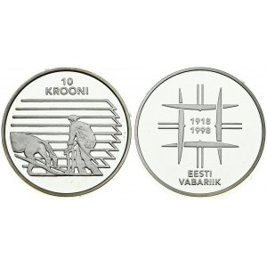 Estonia 10 Krooni ND(1998) 80th Anniversary of Nation. Averse: Framed dates. Reverse: Farmer plowing field...