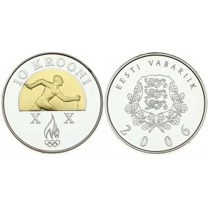 Estonia 10 Krooni 2006 Torino Winter Olympics. Averse: National arms. Reverse: Gold inset cross country skier in semi...