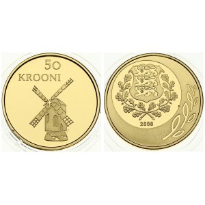 Estonia 50 Krooni 2008 Averse: National Arms and laurel branch. Reverse: Windmill. Gold. (damaged box). KM 50...