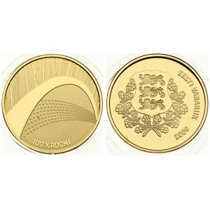 Estonia 100 Krooni 2009 Song and dance festival. Averse: Arms. Reverse: Stylized chorus on stage. Gold. KM 52...
