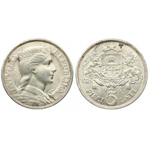 Latvia 5 Lati 1931. Averse: Crowned head right. Reverse: Arms with supporters above value. Edge Description: DIEVS **...