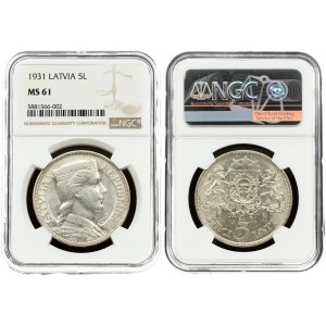 Latvia 5 Lati 1931. Averse: Crowned head right. Reverse: Arms with supporters above value. Edge Description: DIEVS **...