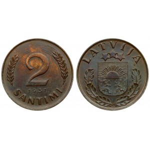 Latvia 2 Santimi 1937 Averse: National arms above sprigs. Reverse: Value flanked by sprigs above date. Edge Description...