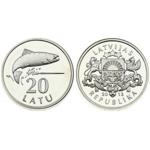Latvia 20 Latu 2013 20th Anniversary of the return of Lats coinage. Averse: National arms. Reverse: Salmon...