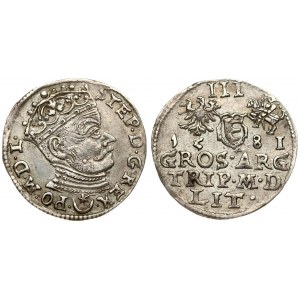 Lithuania 3 Groszy 1581 Vilnius. Stephen Bathory(1576–1586). Averse: Crowned bust right. Reverse: Value; divided date...