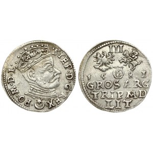 Lithuania 3 Groszy 1581 Vilnius. Stephen Bathory(1576–1586). Averse: Crowned bust right. Reverse: Value; divided date...