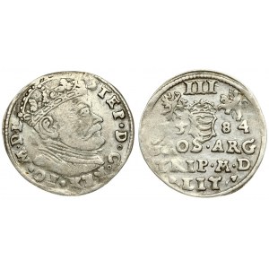 Lithuania 3 Groszy 1584 Vilnius. Stephen Bathory(1576–1586). Averse: Crowned bust right. Reverse: Value; divided date...
