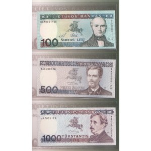 Lithuania 100 & 500 & 1000 Litu (1991-1994) Banknotes. Lithuania 1000 Litu 1991 Banknote P#52 № AA0001128...