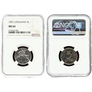 Lithuania 5 Litai 1991 Averse: National arms. Reverse: Value within design. Edge Description: Reeded. Copper-Nickel...