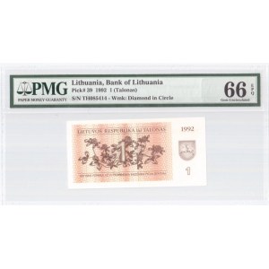 Lithuania 1 Talonas 1992 Banknote Bank of Lithuania. Pick#39. Wmk: Diamond in Circle. S/N TH085414...