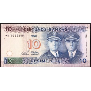 Lithuania 10 Litu 1993 Banknote. Printer: TDLR.  Pick#56a S/N *K 0369259 -Wmk: Arms 'Vytis'